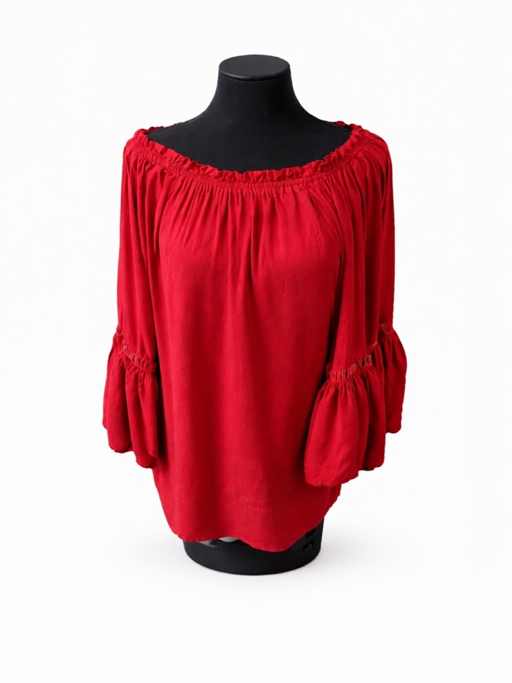 Elan Red Off Shoulder Peasant Blouse Bell Sleeve Boho One Size